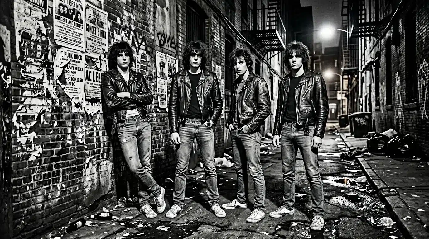 Groupe de cinq musiciens punk en cuirs posant dans ruelle nocturne