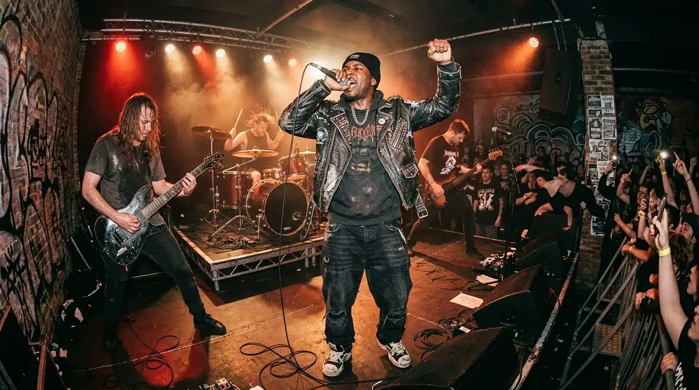 Chanteur metal passionné sur scène avec sa bande musicale