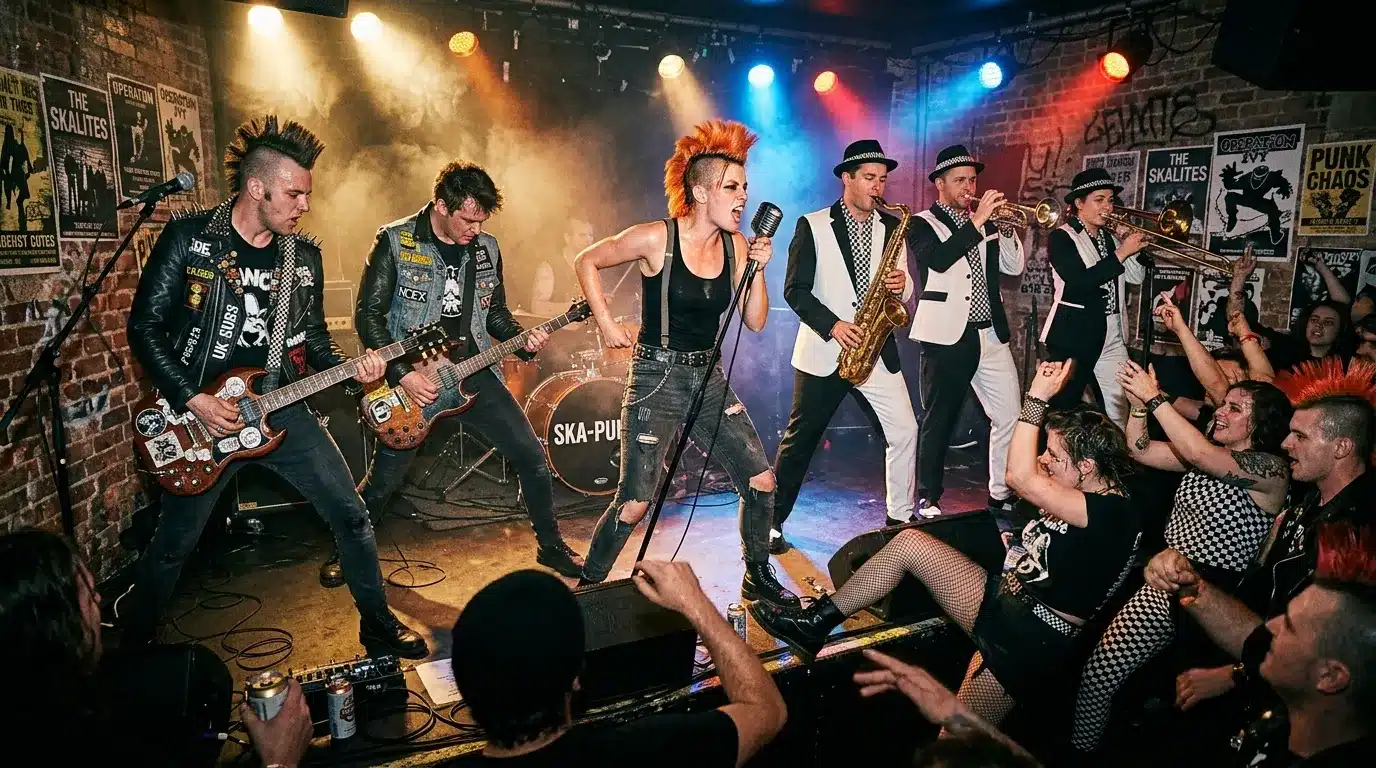 Groupe punk ska jouant sur scène devant foule enthousiaste