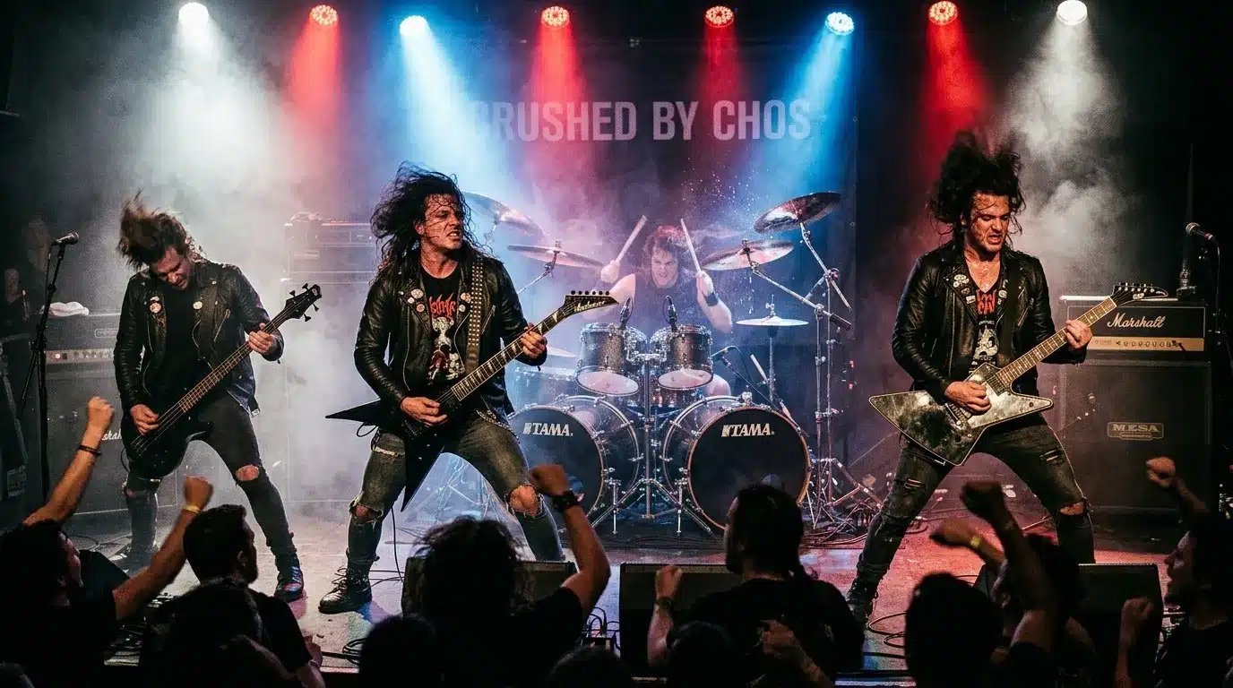 Groupe de rock sur scène avec musiciens et public enthousiaste