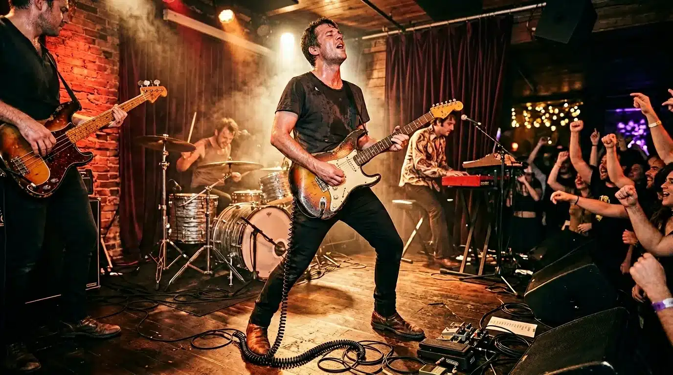 Groupe de rock se produisant devant public enthousiaste en salle intime