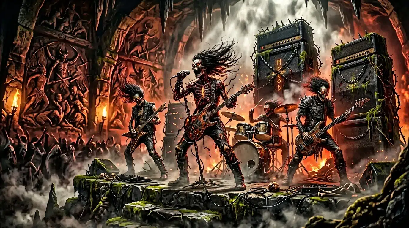 Groupe de rock squelettique jouant dans des ruines enflammées
