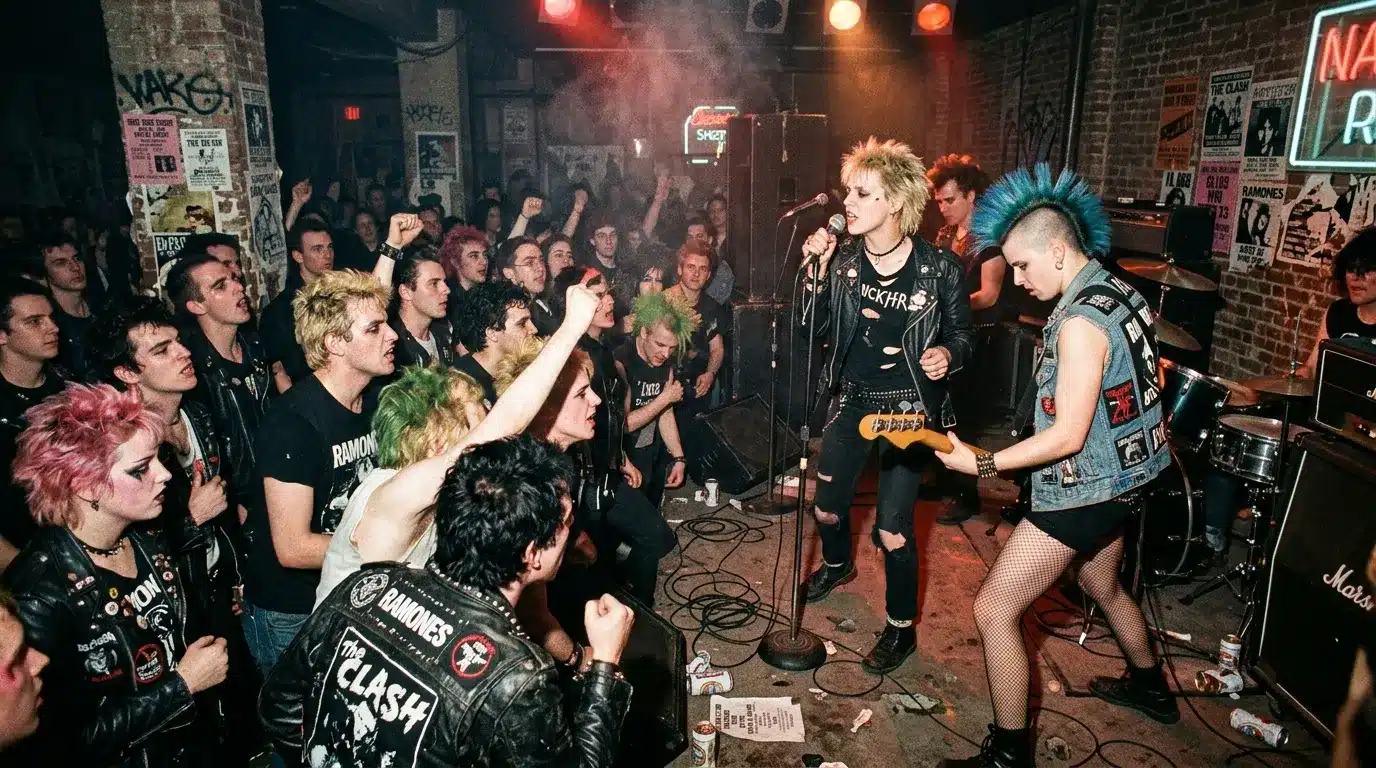 Performance punk live dans venue bondée avec public enthousiaste.