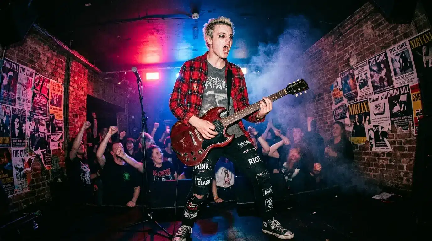 Musicien punk jouant guitare sous lumières rouges bleu