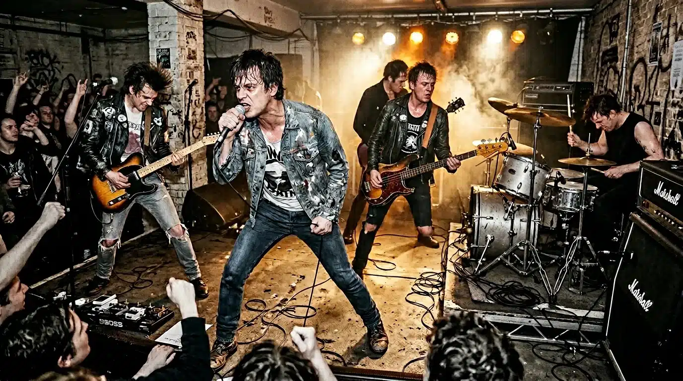 Groupe punk jouant en direct devant public enthousiaste en sous-sol