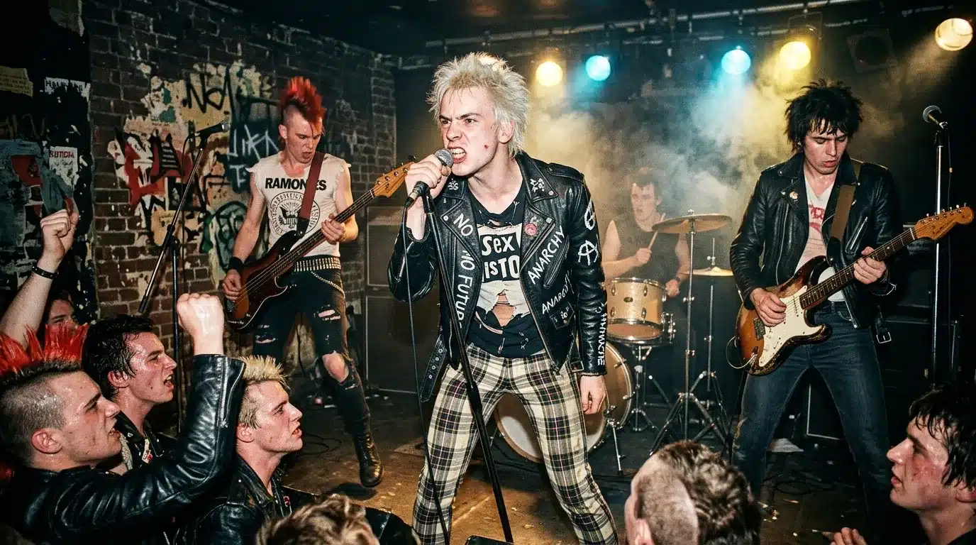 Groupe punk en concert sur scène avec public enthousiaste