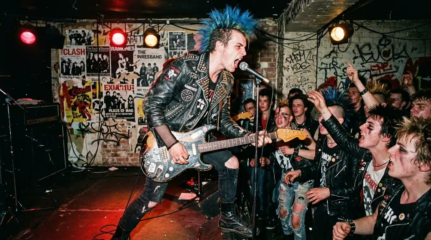 Musicien punk au micro avec guitare devant foule