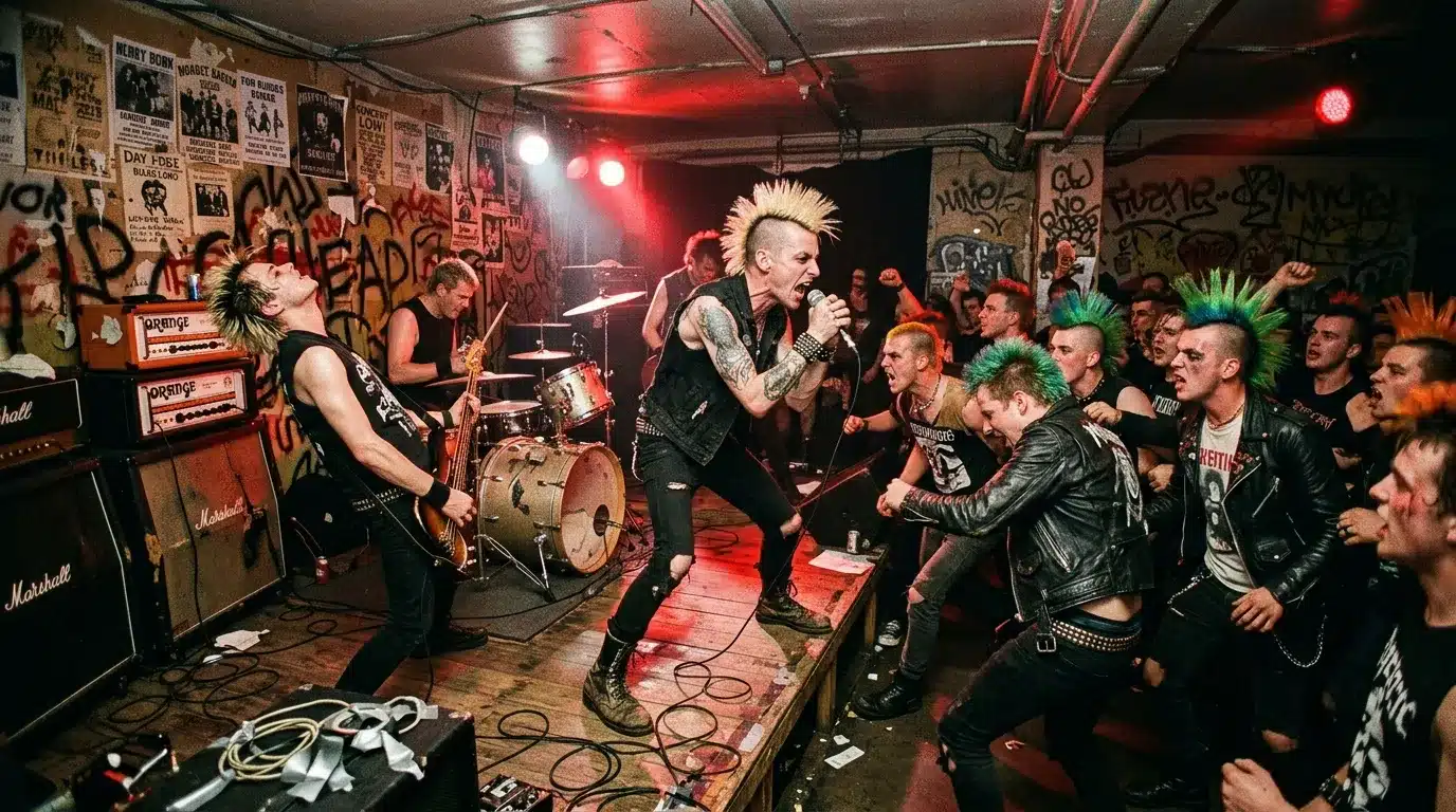 Band punk performing in underground venue with crowd