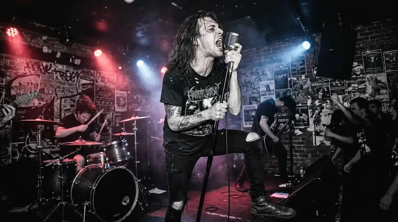 Chanteur tatué au micro devant batteur et public enthousiaste