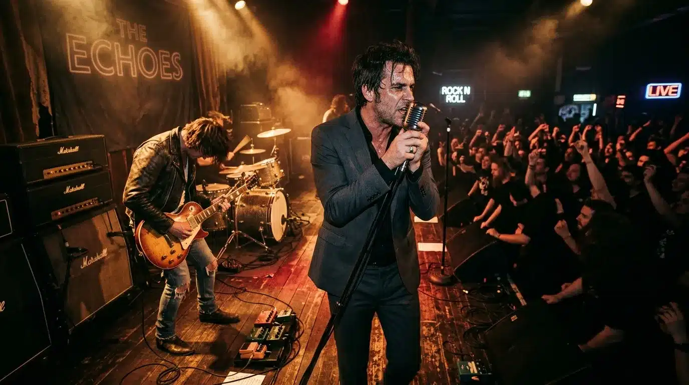 Chanteur au micro et guitariste sur scène lors d'un concert rock.
