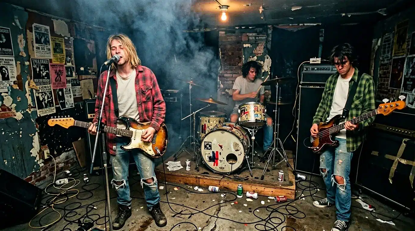 Groupe de rock jouant dans un petit club souterrain enfumé