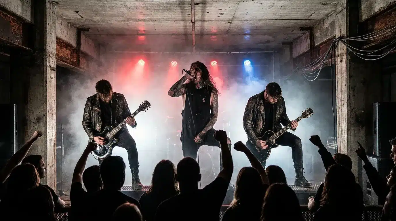 Groupe de rock en concert avec trois guitaristes sur scène