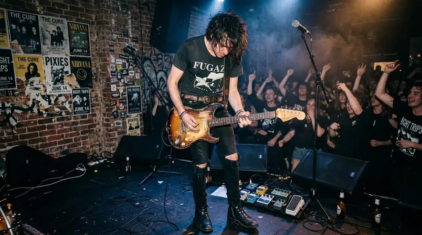 Guitariste jouant devant public enthousiaste en venue