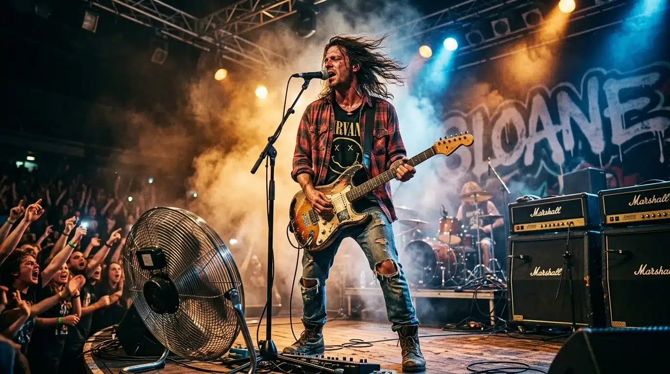 Guitariste passionné en concert live avec public enthousiaste