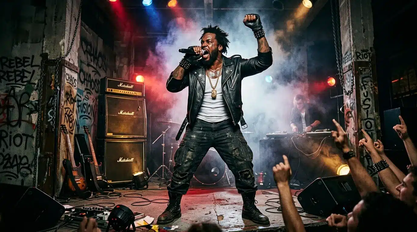 Chanteur rock performant sur scène avec public enthousiaste