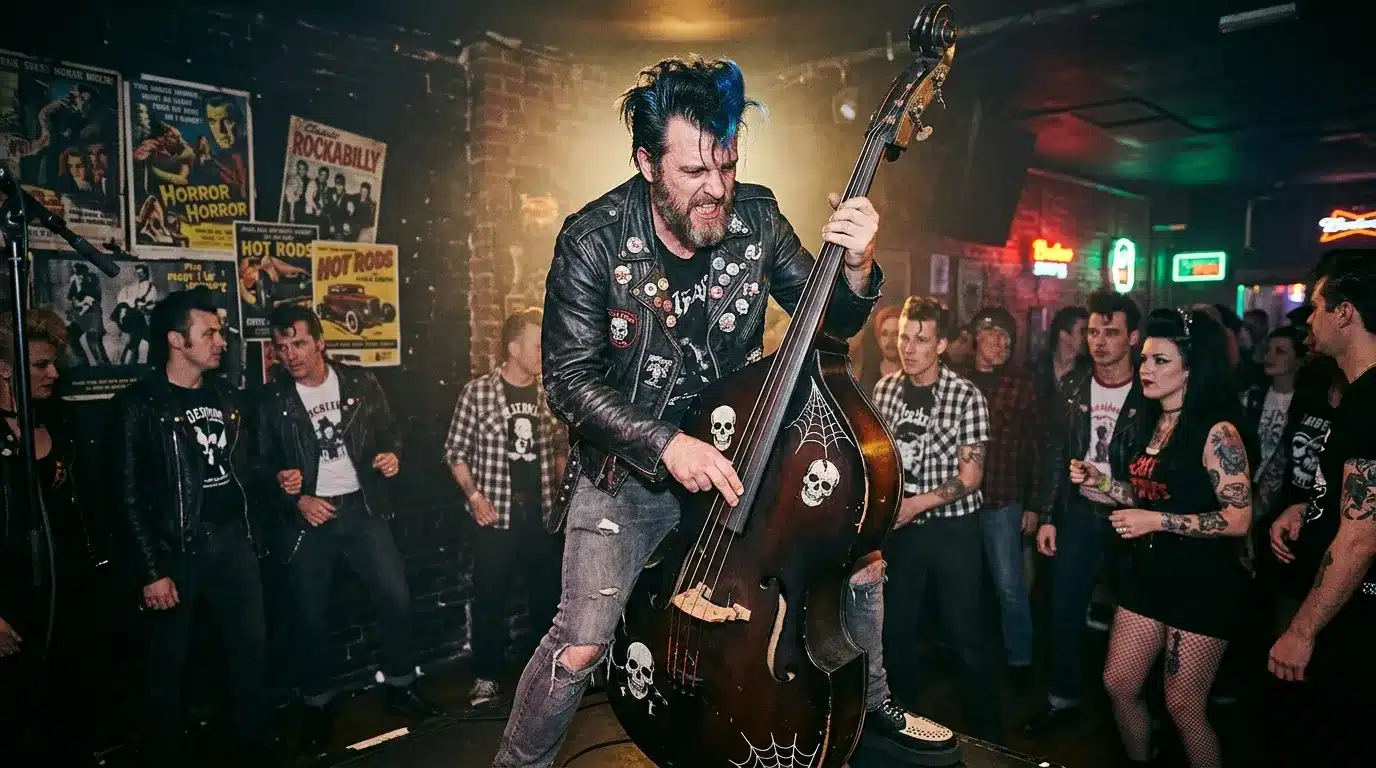 Musicien jouant de la basse dans un bar rockabilly rétro.