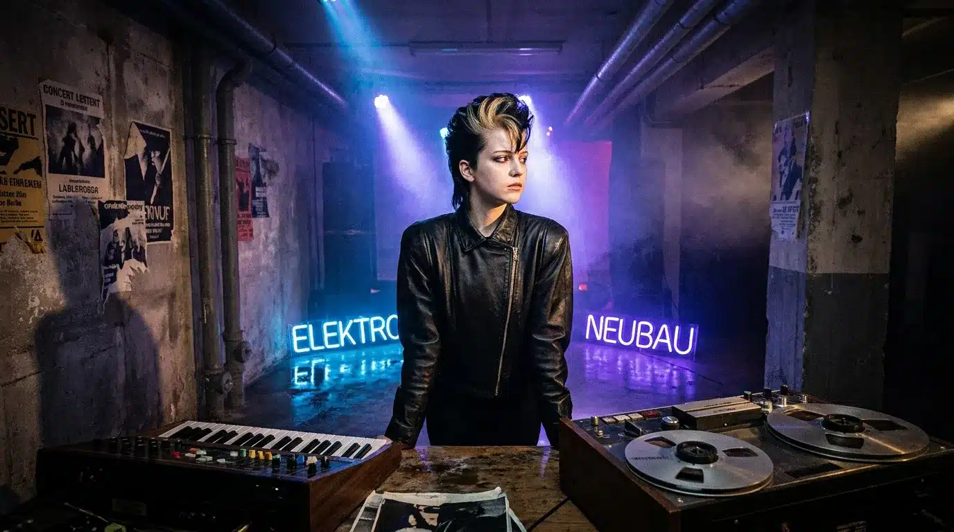 DJ blonde en cuir devant équipement musical dans studio néon