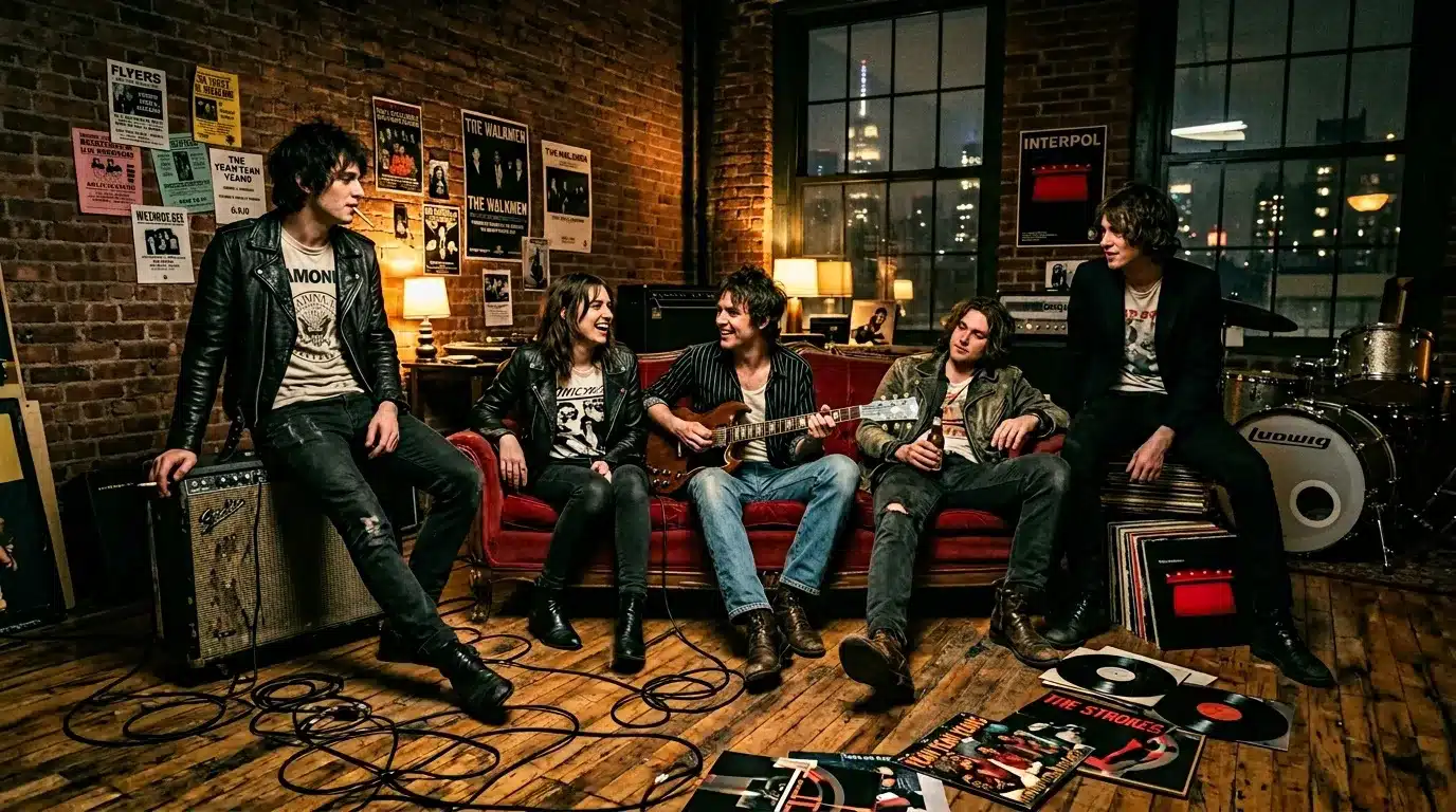 Cinq musiciens en tenue rock posent dans un studio professionnel