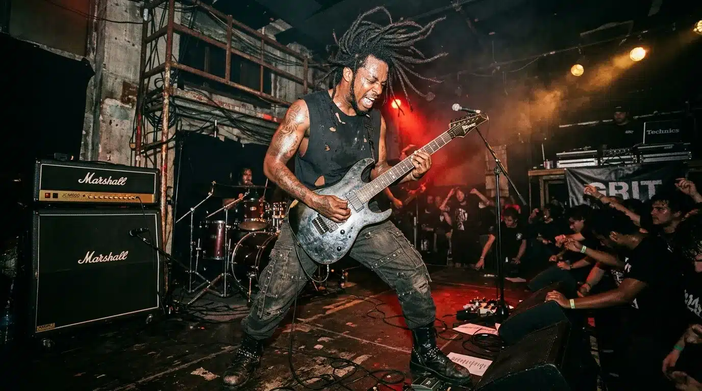 Musicien joue guitare électrique sur scène avec amplificateurs Marshall