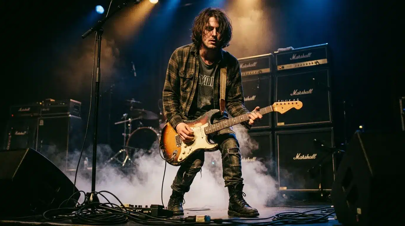 Musicien jouant guitare électrique sur scène fumigène