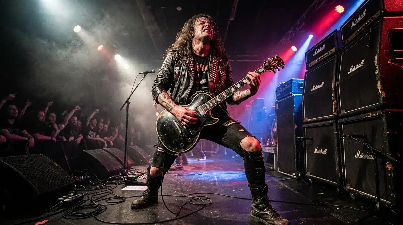 Musicien long cheveux joue guitare sur scène rock