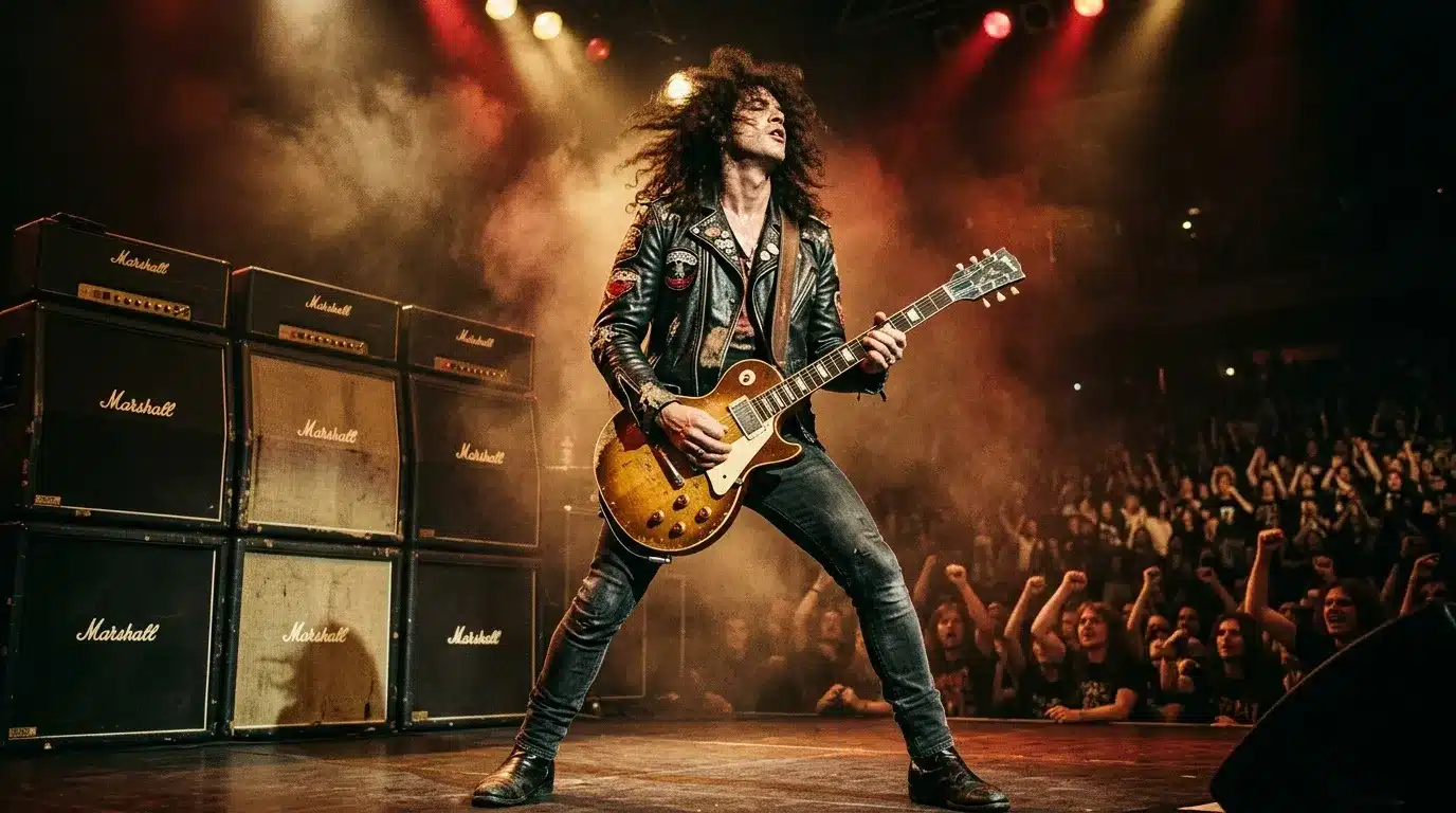 Musicien jouant de la guitare sur scène avec amplificateurs Marshall