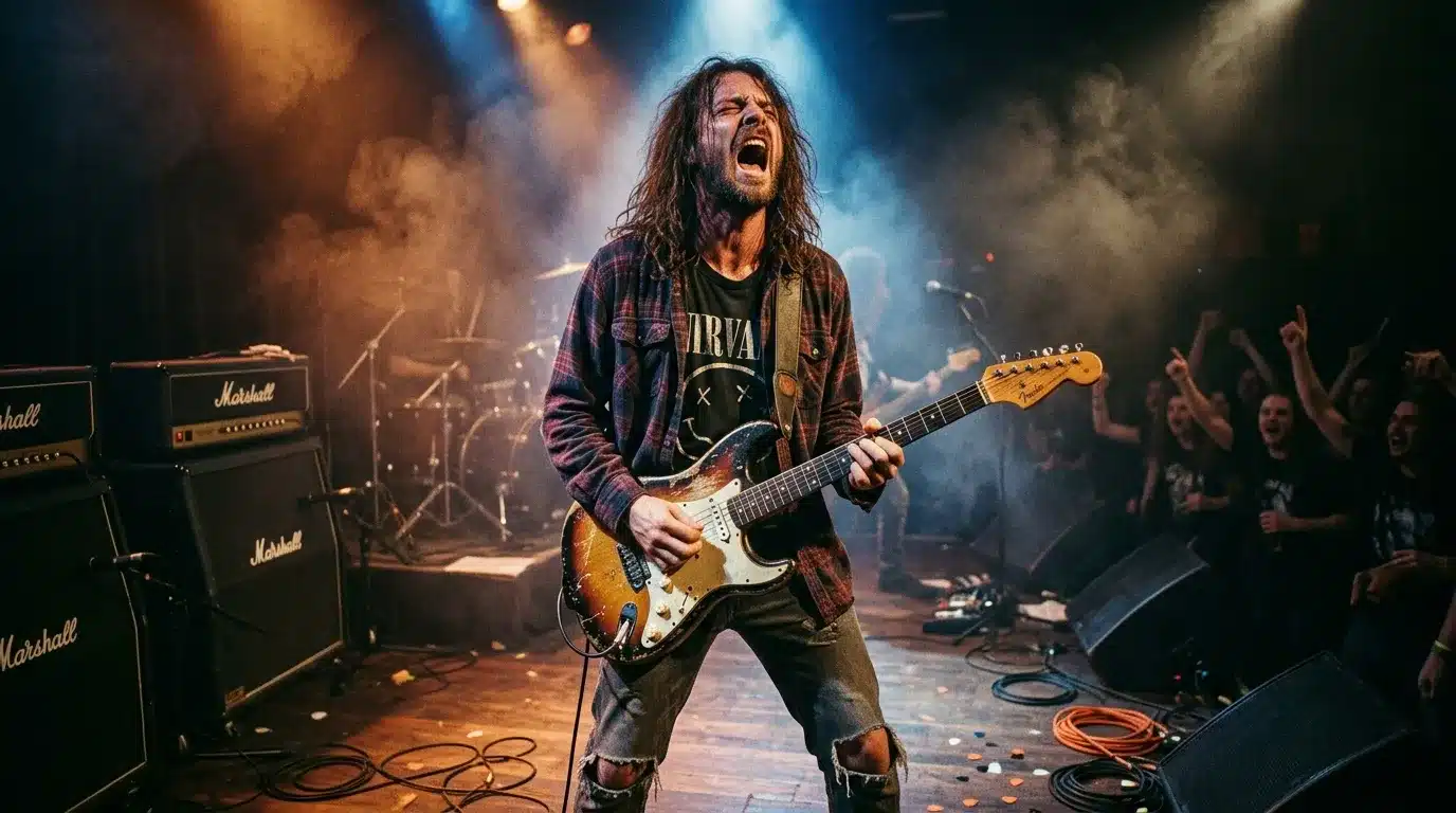 Musicien jouant guitare électrique sur scène concert