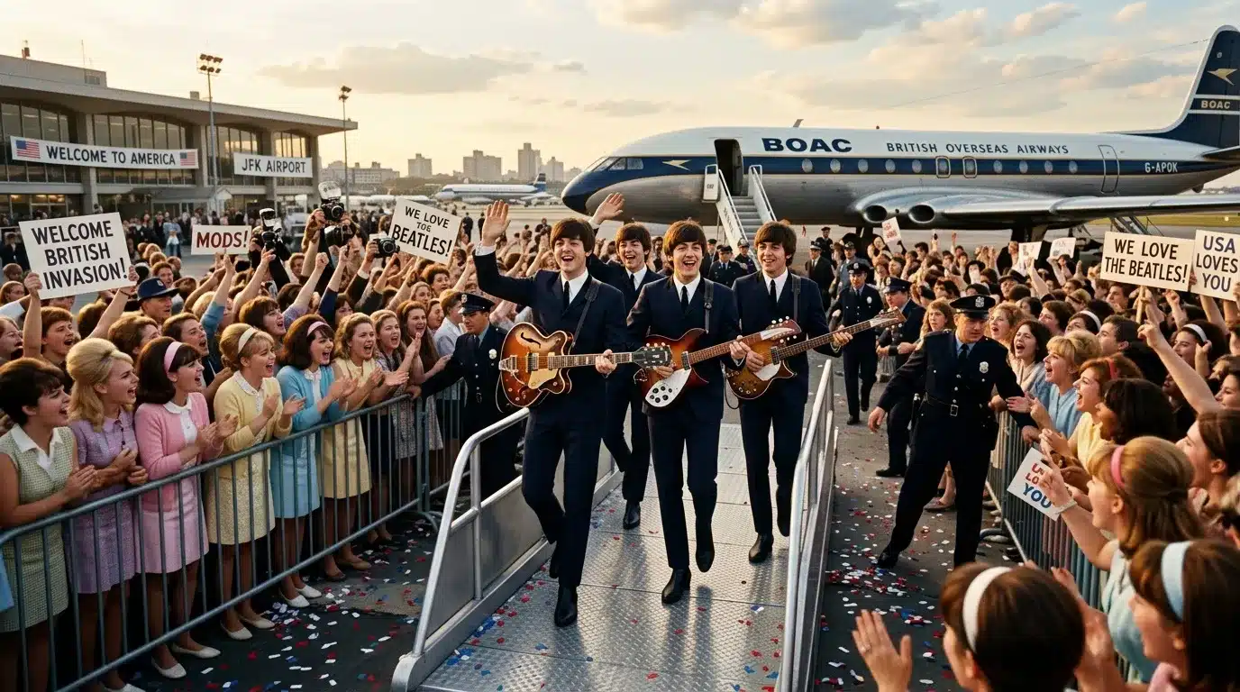 Les Beatles arrivent à l'aéroport JFK acclamés par des fans