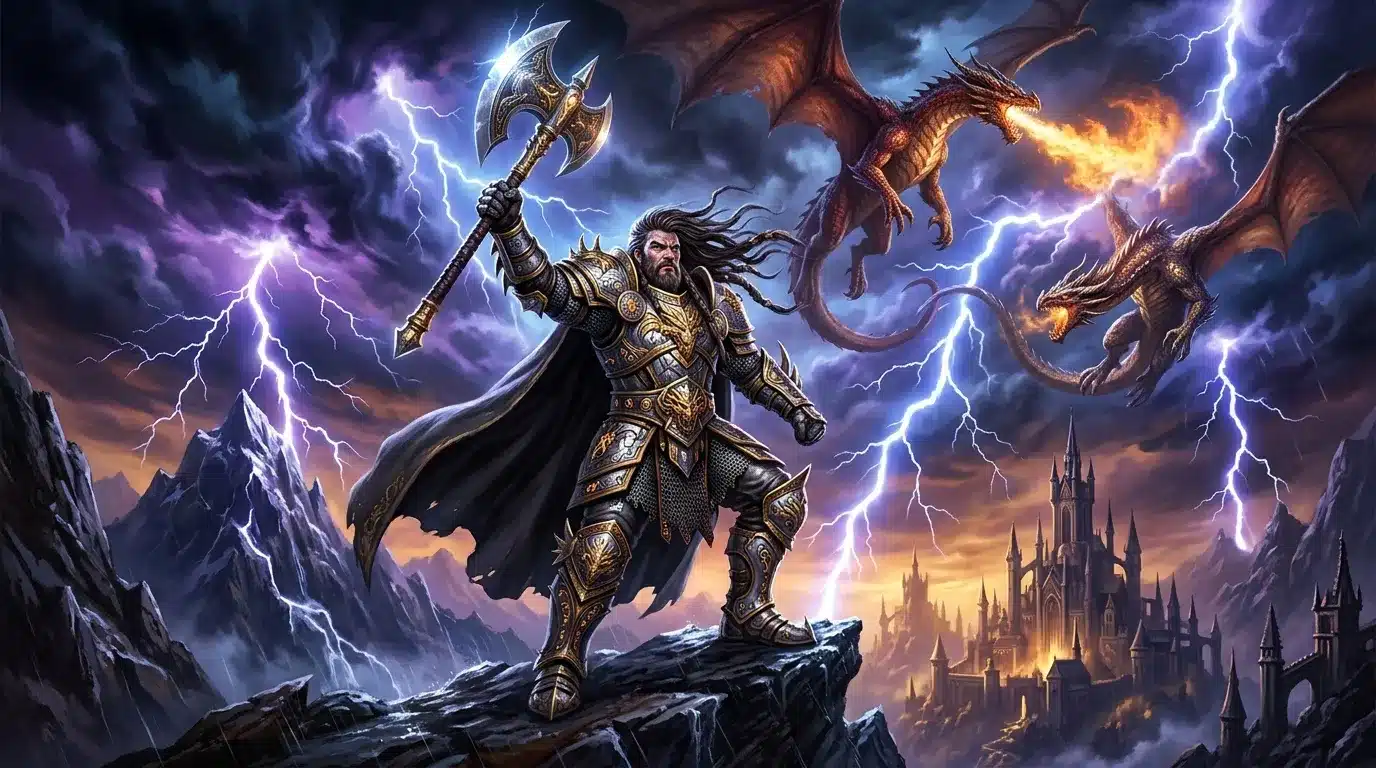 Guerrier puissant brandissant une hache magique face à des dragons