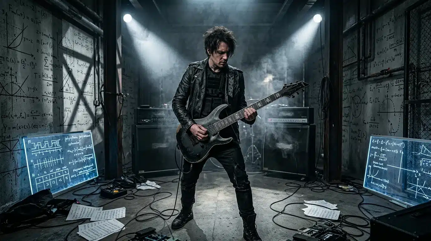 Guitariste jouant dans une pièce remplie d'équations mathématiques