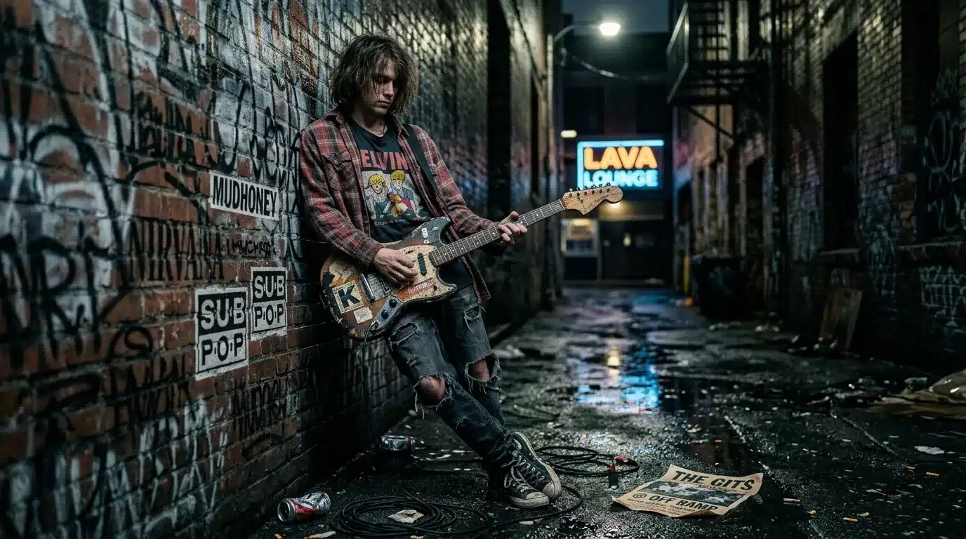 Jeune guitariste jouant dans une ruelle sombre avec graffitis