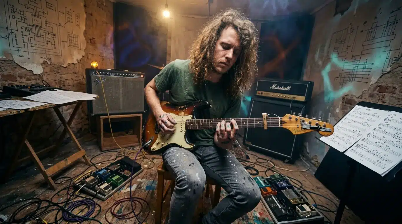 Guitariste jouant dans un studio avec amplificateurs Marshall
