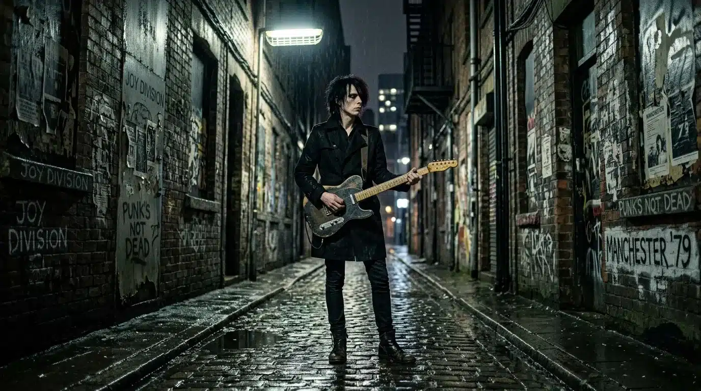 Guitariste en noir jouant dans une ruelle humide la nuit