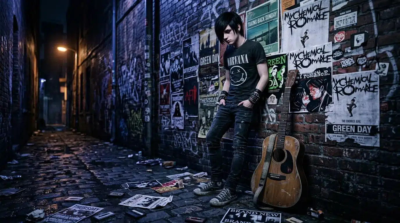 Adolescent en noir avec guitare acoustique dans allée urbaine