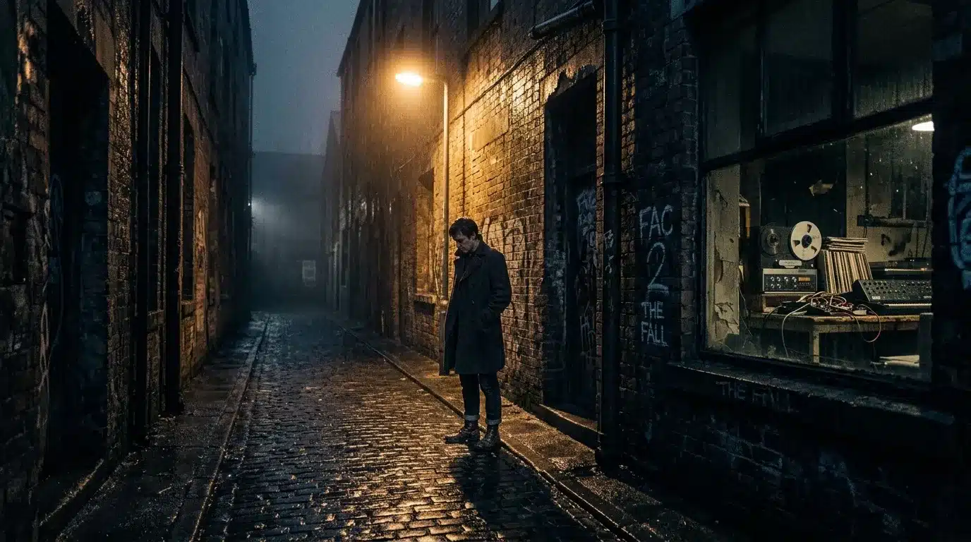 Homme seul dans une ruelle humide la nuit sous un réverbère