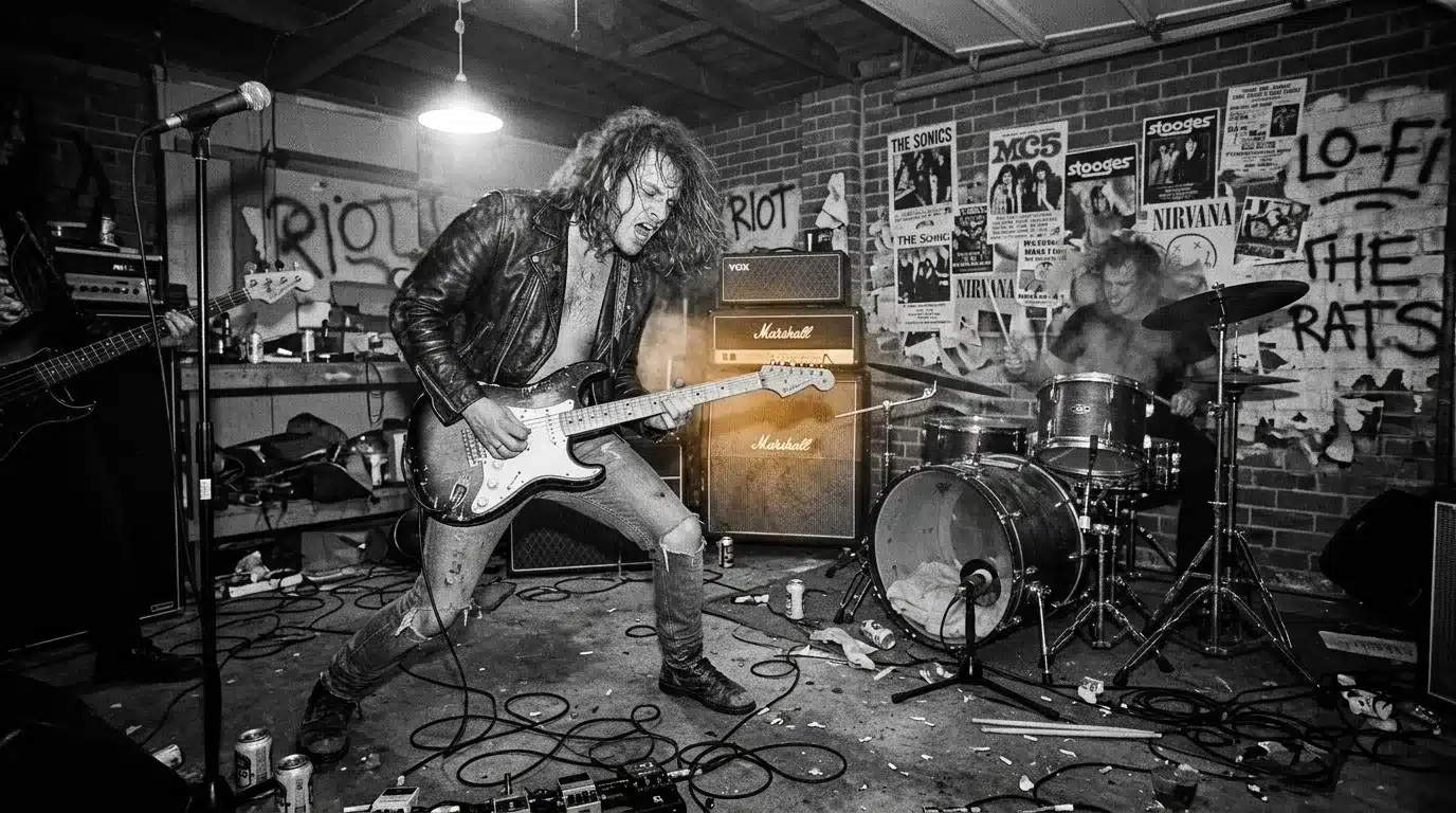 Musiciens jouant dans un petit garage avec affiches de rock