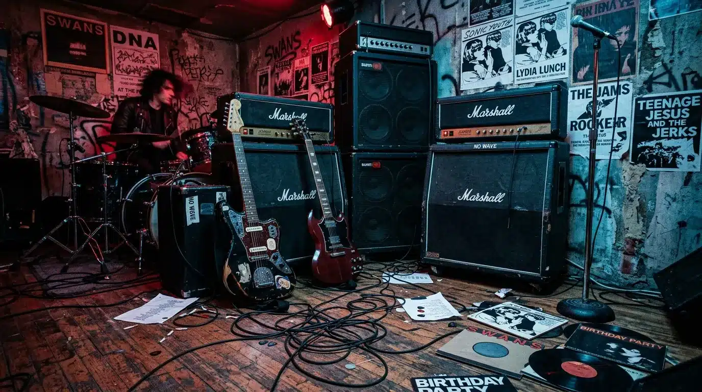 Musicien à la batterie dans un petit studio souterrain rock