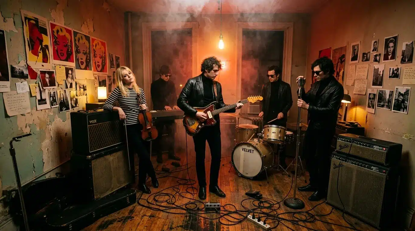 Cinq musiciens jouent dans un studio vintage aux murs orange.