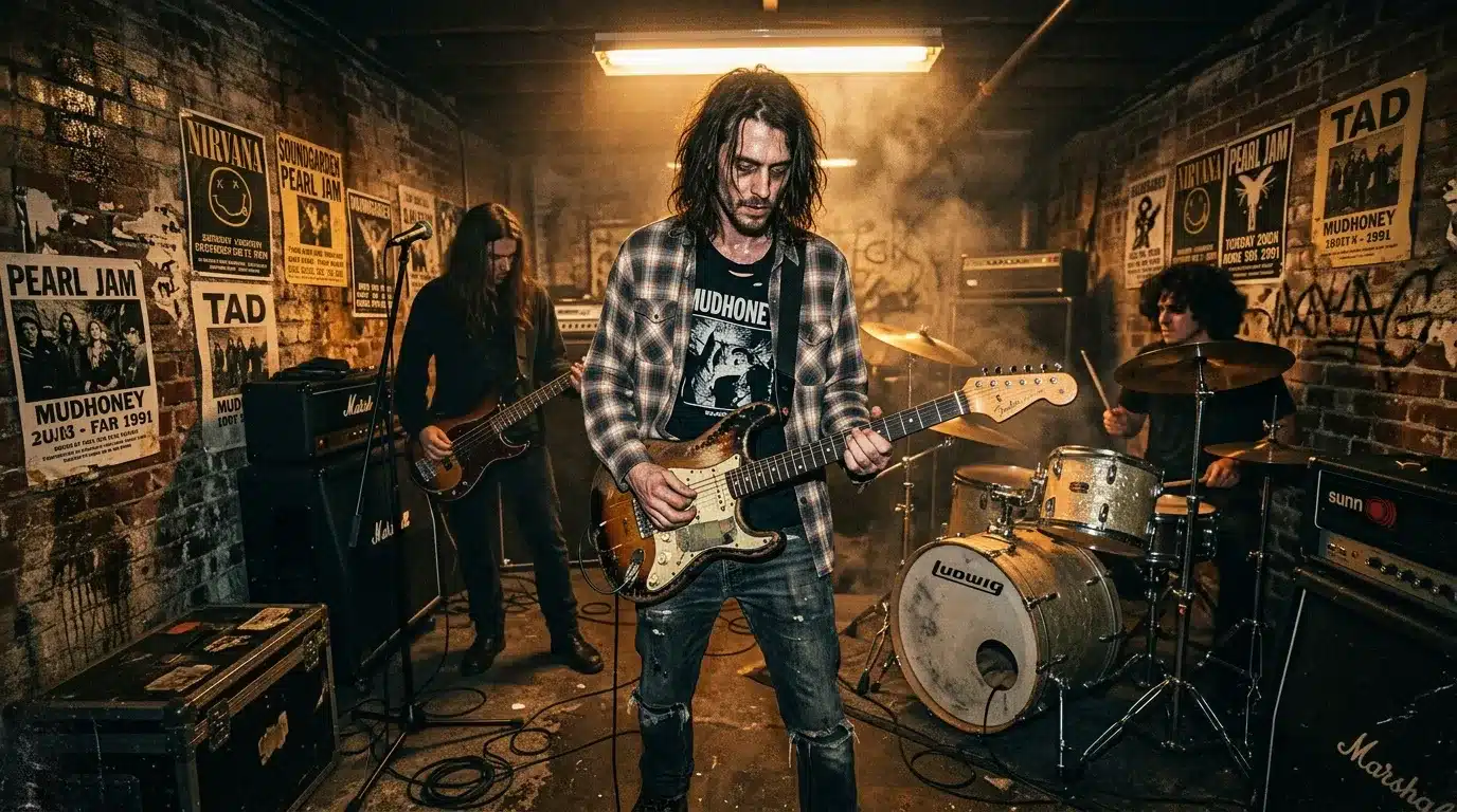 Groupe de rock jouant dans un garage souterrain avec affiches