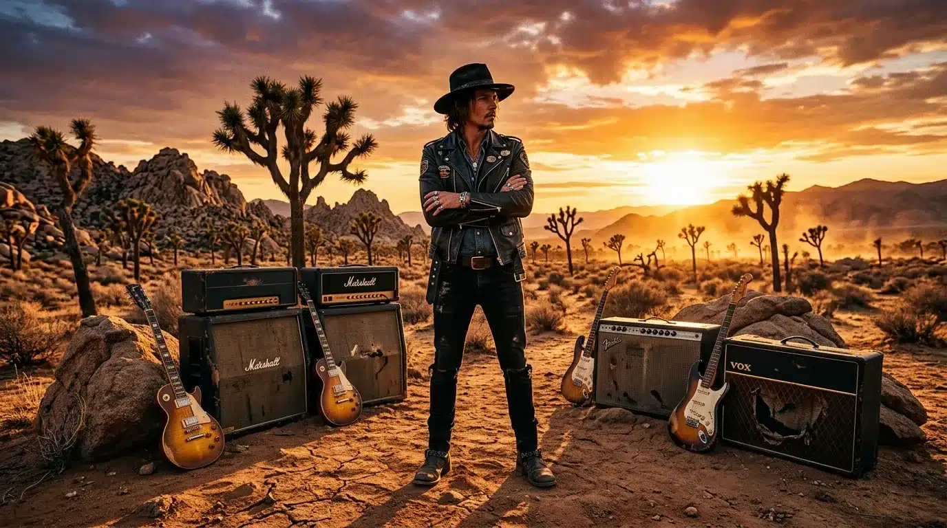 Musicien en noir avec guitares et amplificateurs dans le désert au coucher de soleil