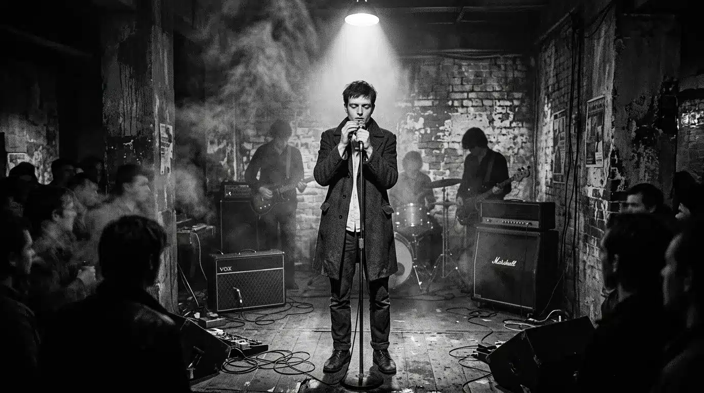 Chanteur au microphone en concert souterrain noir et blanc