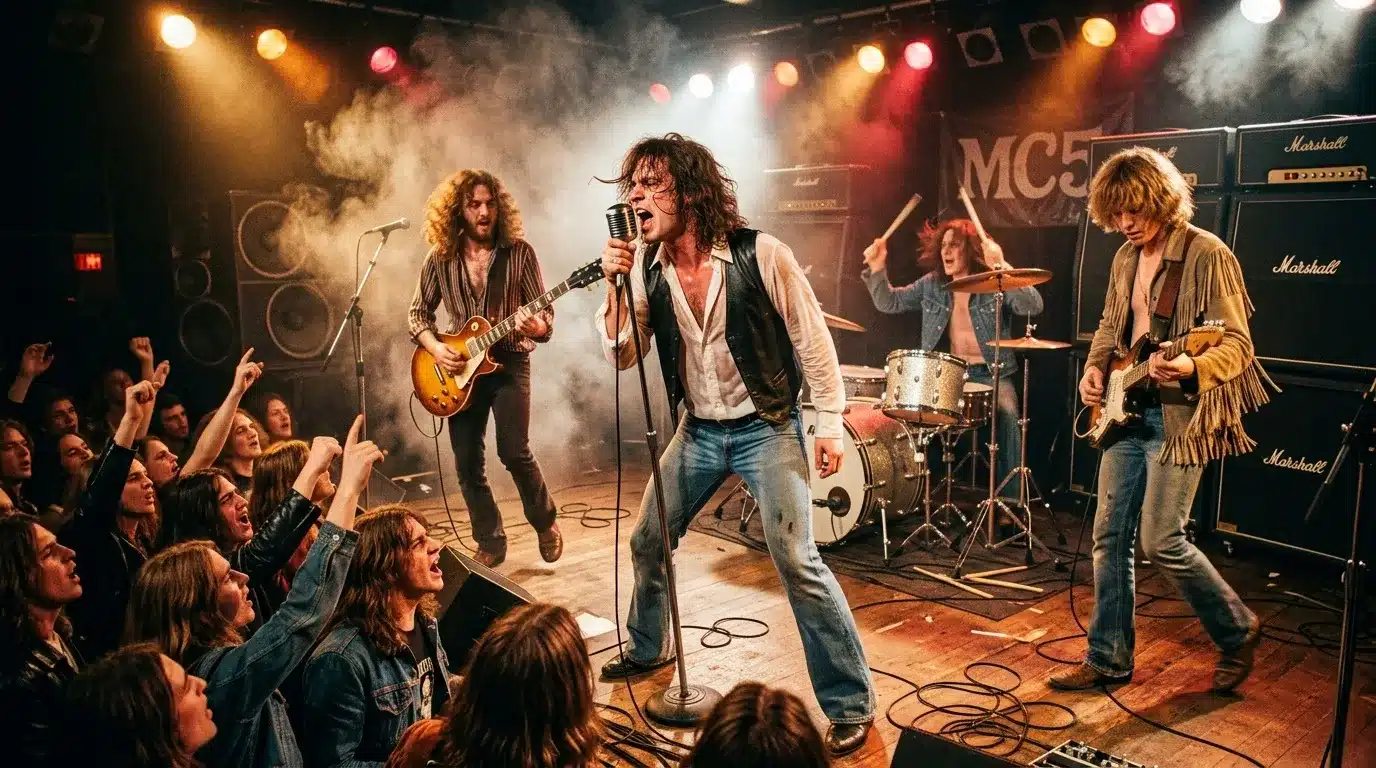 Groupe de rock en concert sur scène avec public enthousiaste