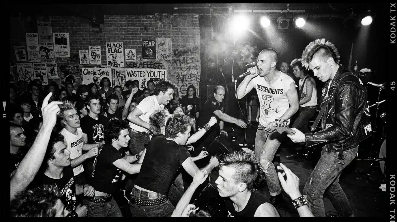 Foule passionnée lors d'un concert punk en noir et blanc
