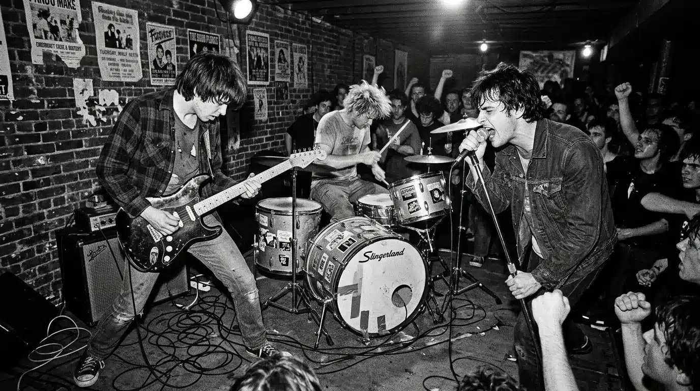 Groupe jouant dans un club souterrain bondé, années 1970.