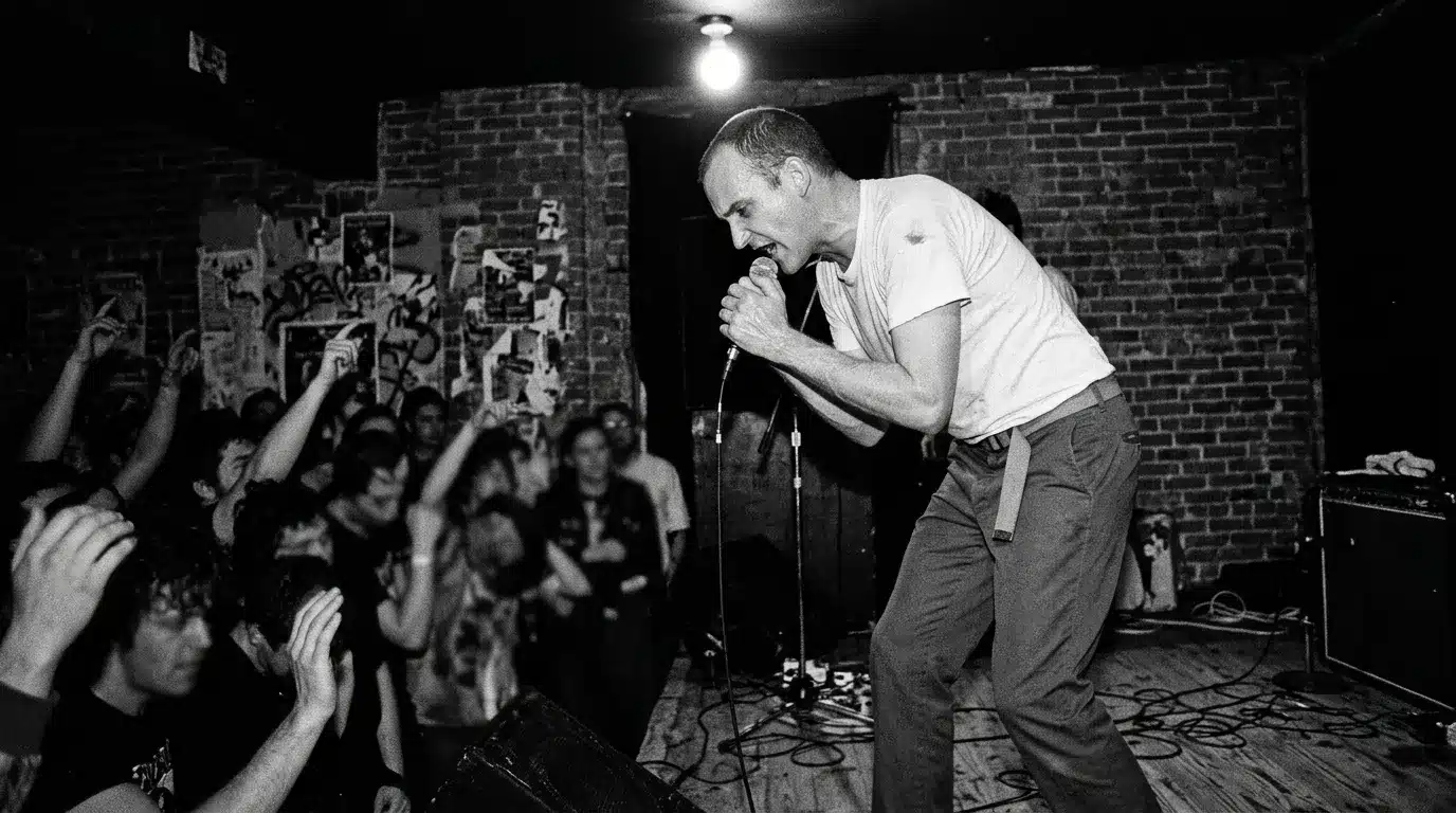 Chanteur au microphone devant foule enthousiaste, murs briques