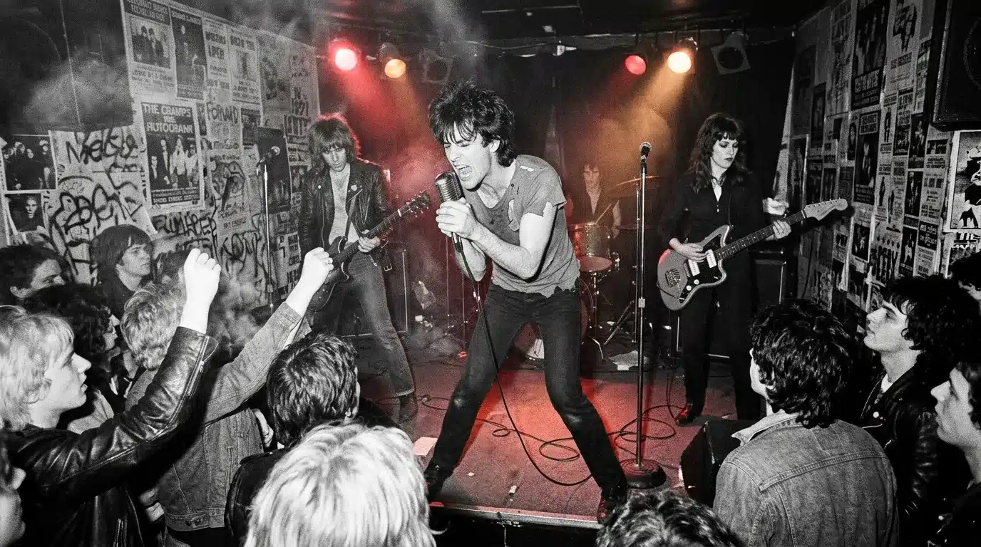 Groupe punk performant devant foule enthousiaste en salle intime