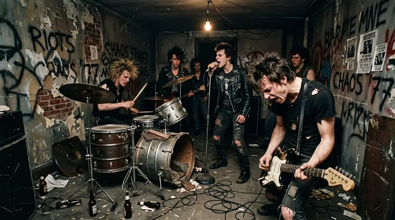 Groupe de musique punk jouant dans un petit lieu souterrain