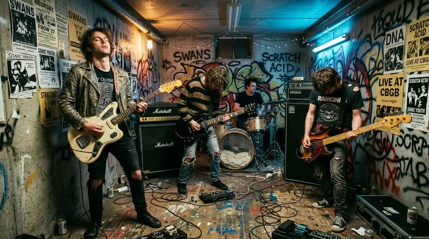 Groupe de rock jouant dans un petit venue souterrain urbain