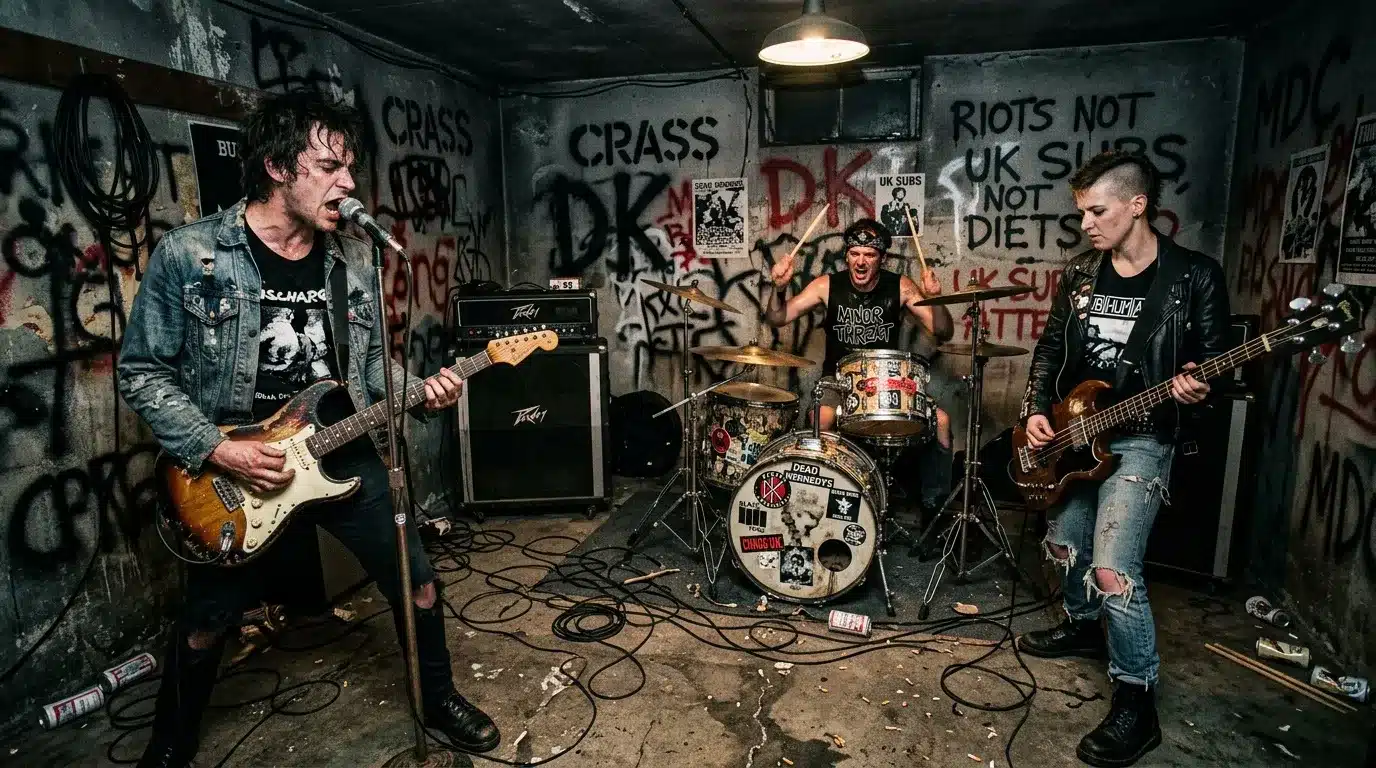Groupe de punk rock jouant dans un garage souterrain avec graffitis