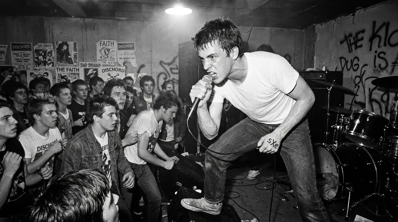 Chanteur passionné lors d'un concert punk underground années 1980